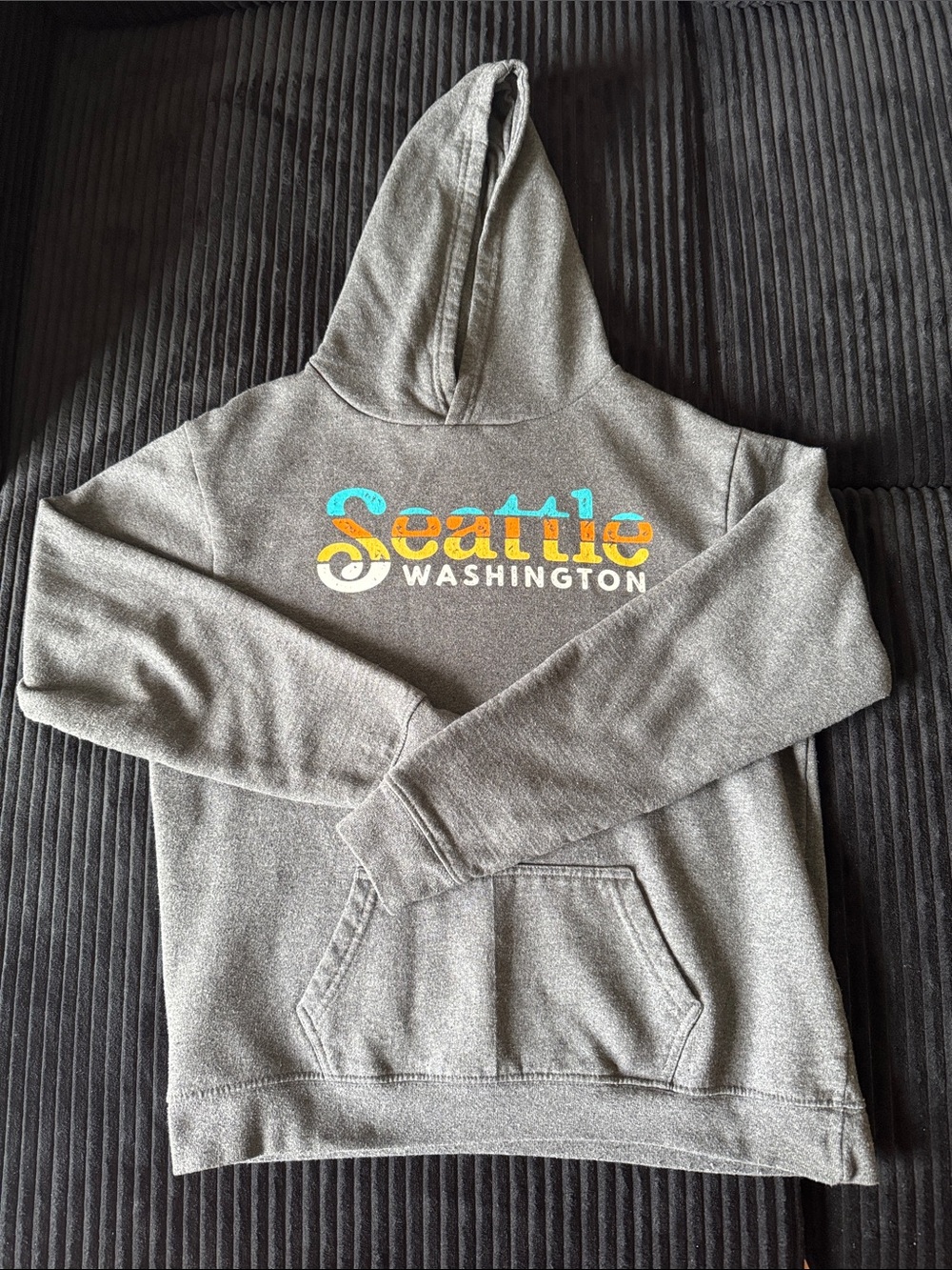 Kids Seattle Washington Grey Hoodie with Multicolor Logo (L)